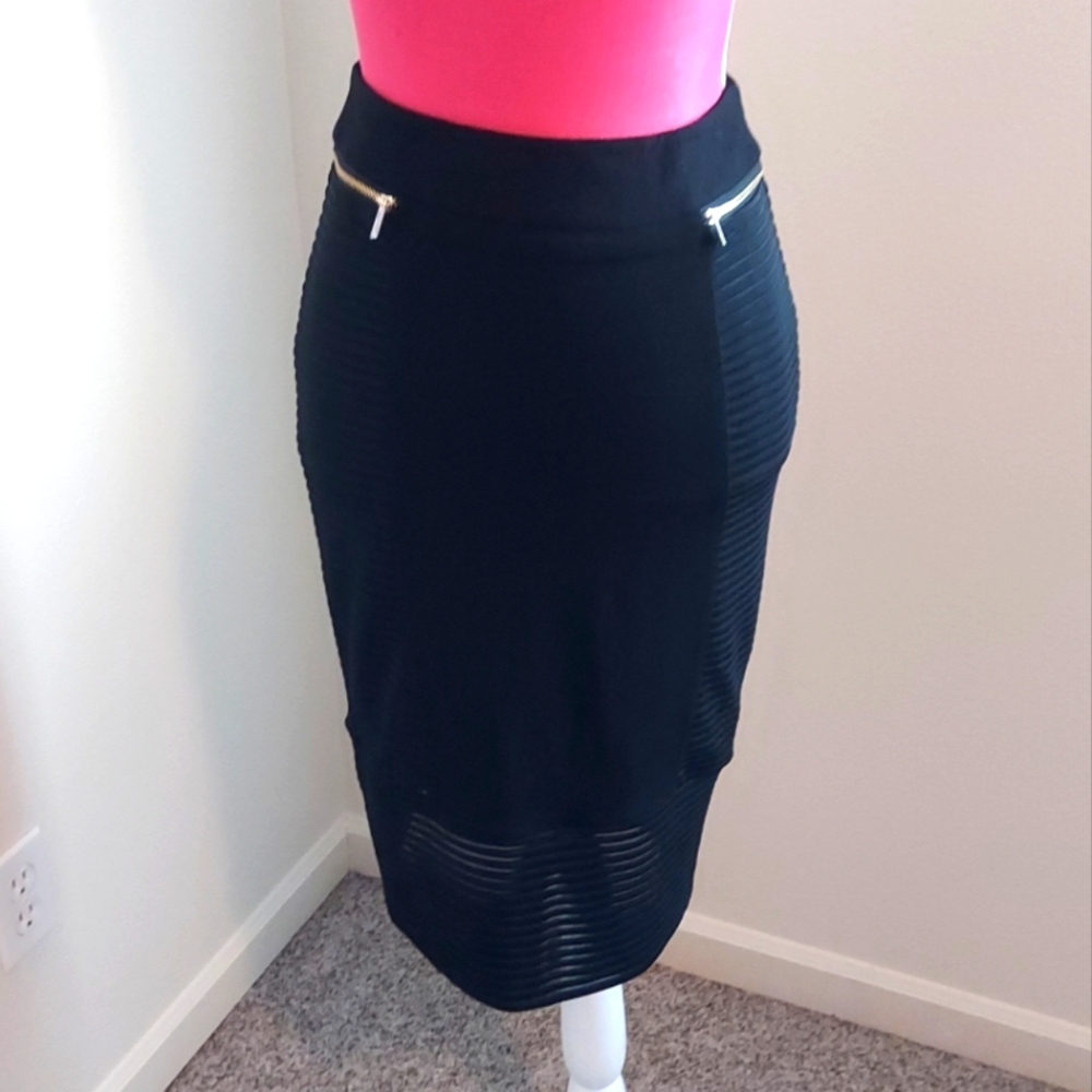 Cache Gold Zipper Midi Black Pencil Skirt Size 0